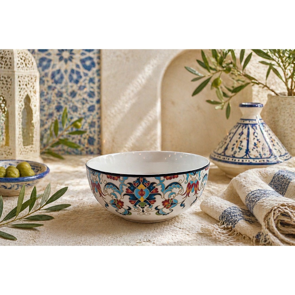 222 Fifth Tunisia Porcelain Bowl Blue Red Yellow Damask Cereal Soup 5.5 Inch